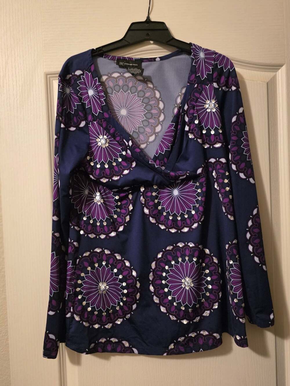 INC International Concepts Floral Mandala Faux Wrap Long Sleeve Top L
